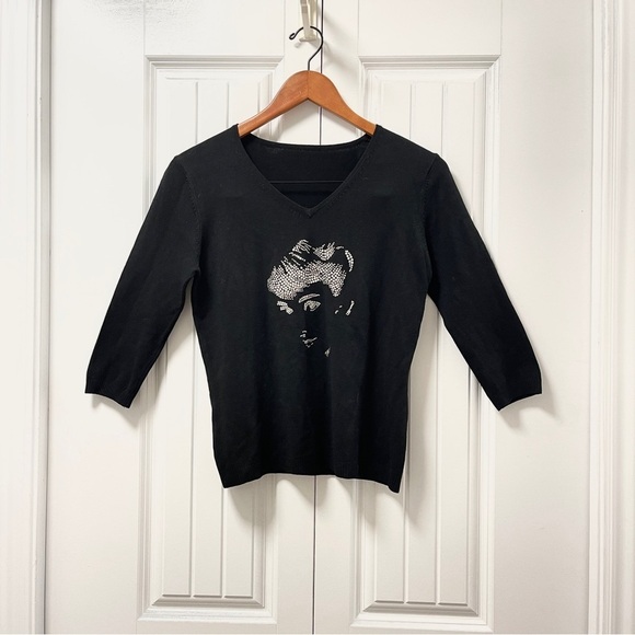 Vintage Audrey Hepburn Crystal V-Neck Sweater - S - Picture 1 of 9